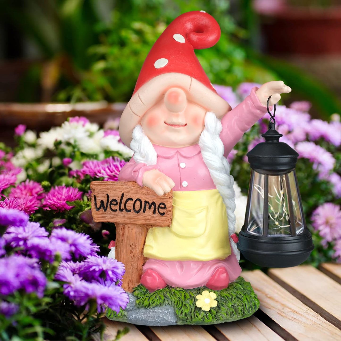 FLJZCZM Solar Garden Gnome Statue Holding LED Lantern with Welcome Sign Outdoor Ornaments Waterproof Christmas Decoration for Outside Patio Yard Lawn Decor (Pink)