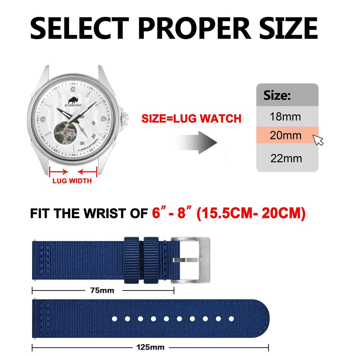 BISONSTRAP Men’s Nylon Watch Bands, Two-Piece Military Watch Straps, Quick Release, Brushed Buckle, 20mm, Blue (Silver Buckle)