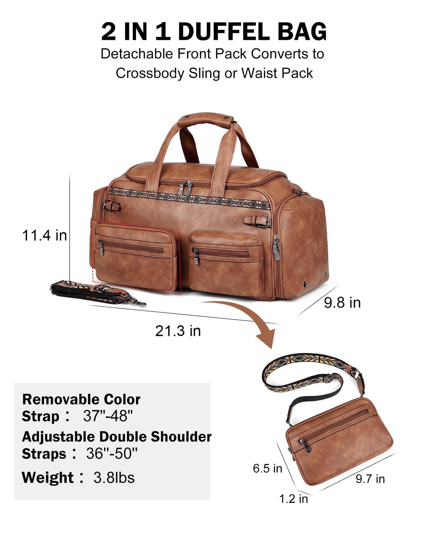 FADEON Duffle Bag for Women, Large Convertible Carry on Overnight Backpack, Designer Leather Mens Weekend Bags for Travel