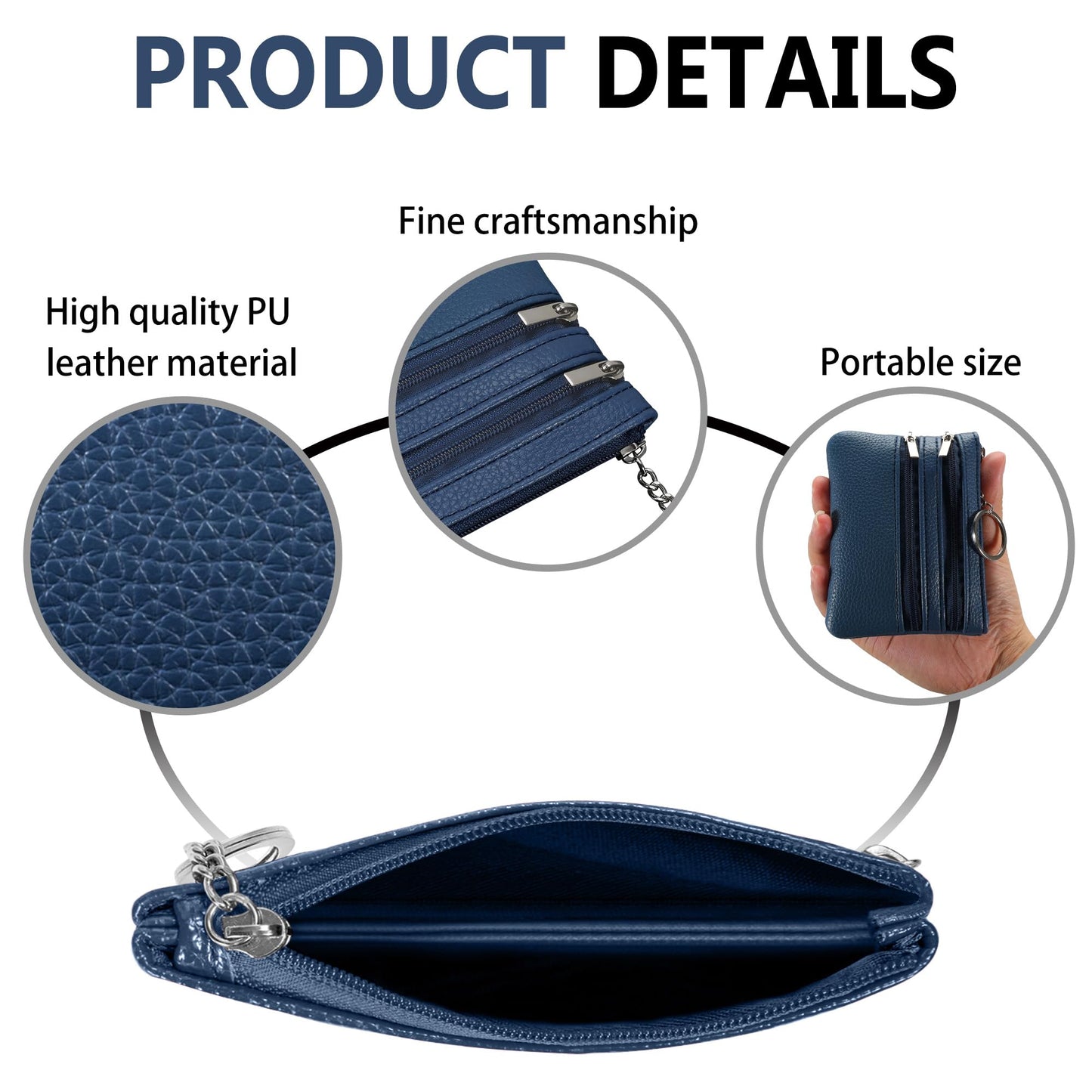 Chelmon 2 Pack Coin Purse Pouch Change Card Holder Wallet with Keychain for Women and Men (Black & Blue)