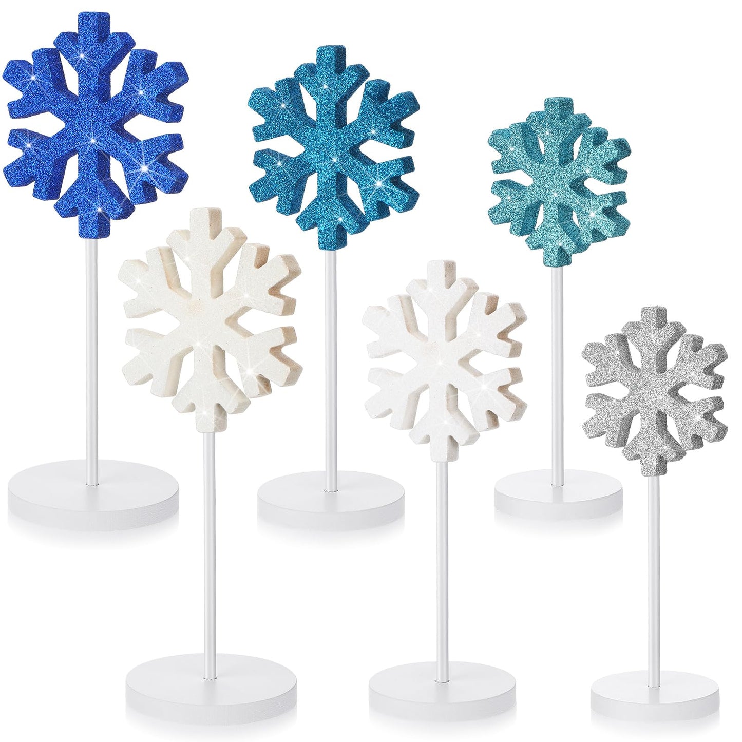 Purpeak 6 Pcs Winter Snowflake Table Decorations Tall Standing Snowflake Wood Block Sign Winter Wooden Snowflakes Standing Table Sign Blue Snowflakes Tabletop Decor for Xmas Winters Party Decoration