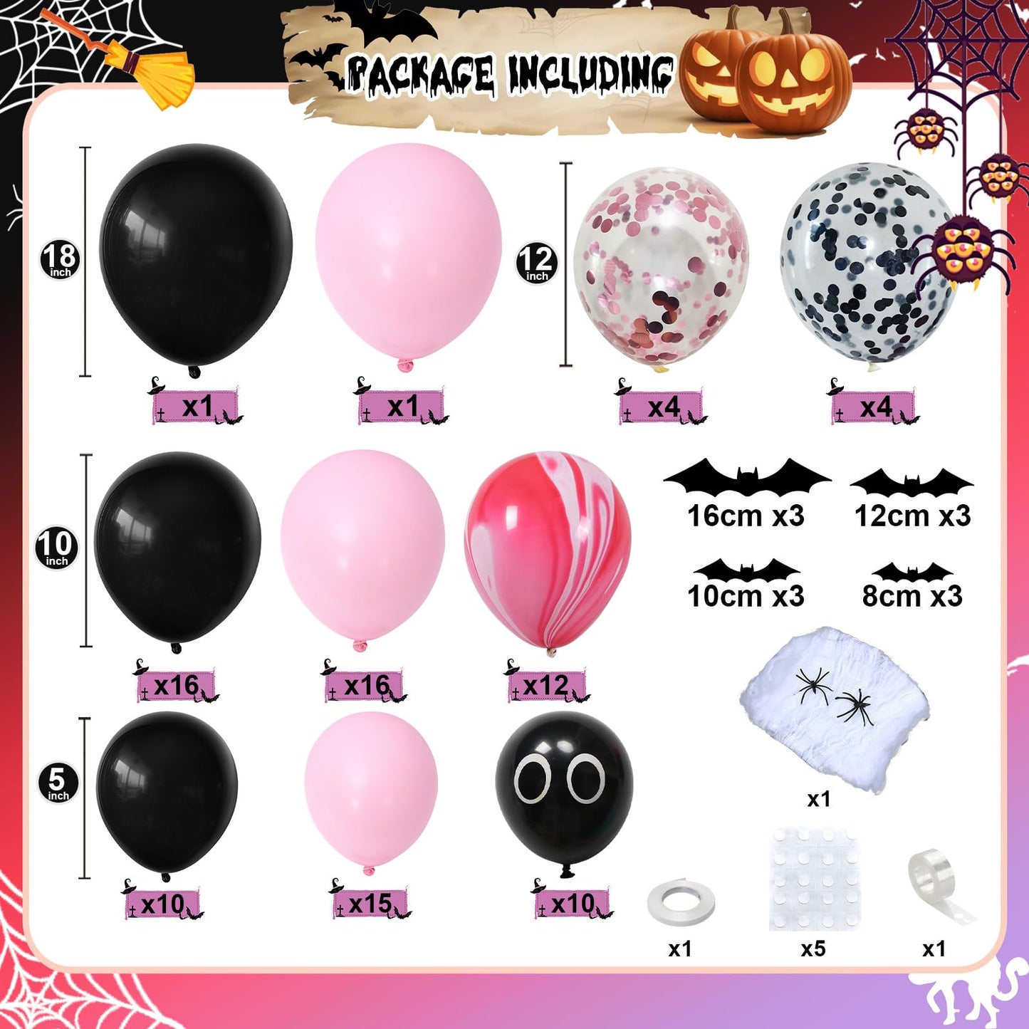 Halloween Balloon Arch Kit 98Pcs Pink and Black Balloon Garland with Ghost Eye Pink Agate Balloons 3D Bat Spider Cobweb for Trick or Treat Day of the Dead Spooky Boo Haunted House Party Decorations