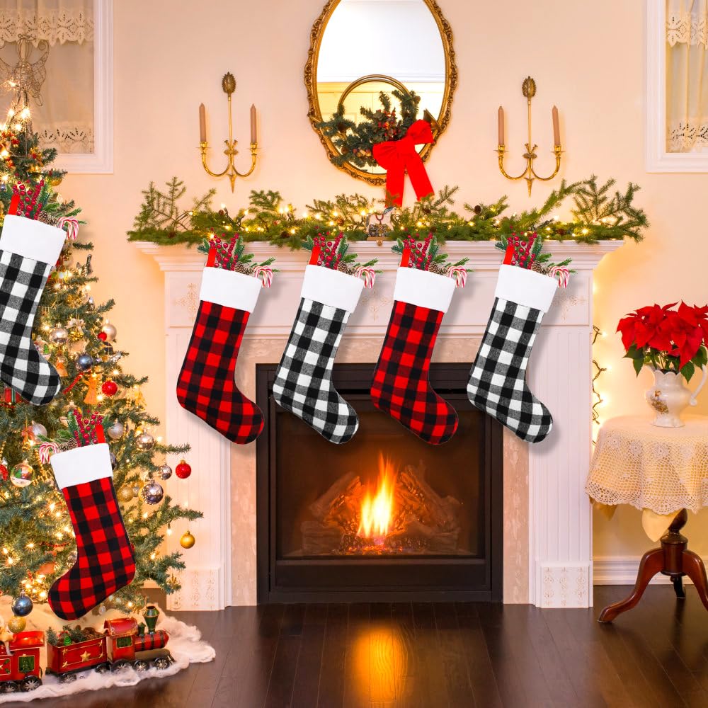 YUJUN 6 Pack 22 Inches Christmas Stockings, Xmas Large Black Red Buffalo Plaid Hanging Stockings Decorations for Christmas Tree Fireplace Family Holiday Party Decor (Red&White)