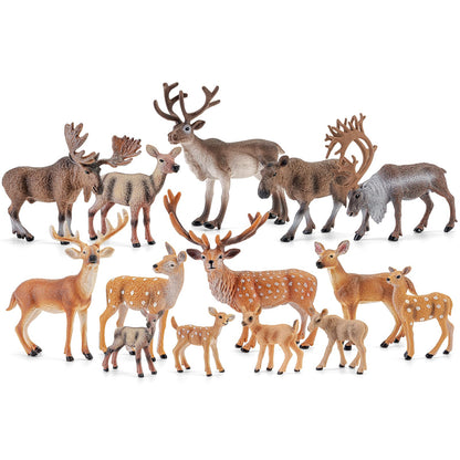 THINKBAY 14 PCS Deers Family Figurines Set - Elk, Reindeer, Moose, Sika Deer, Whitetail Deer - Realistic Solid Wild Animal Figures for Kids 3+, Educational Toys, Cake Toppers, Party Favors