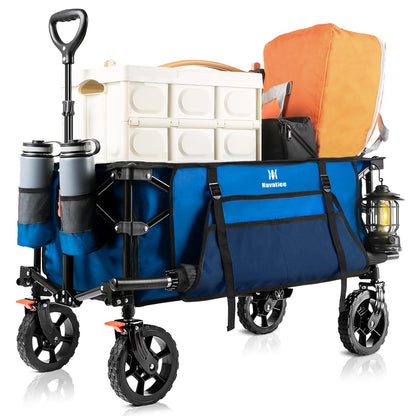 Navatiee 130L Collapsible Foldable Wagon With Wheels, Large Capacity Cart With Side Pocket and Brakes for Grocery Shopping, Garden and Outdoor Use, Blue