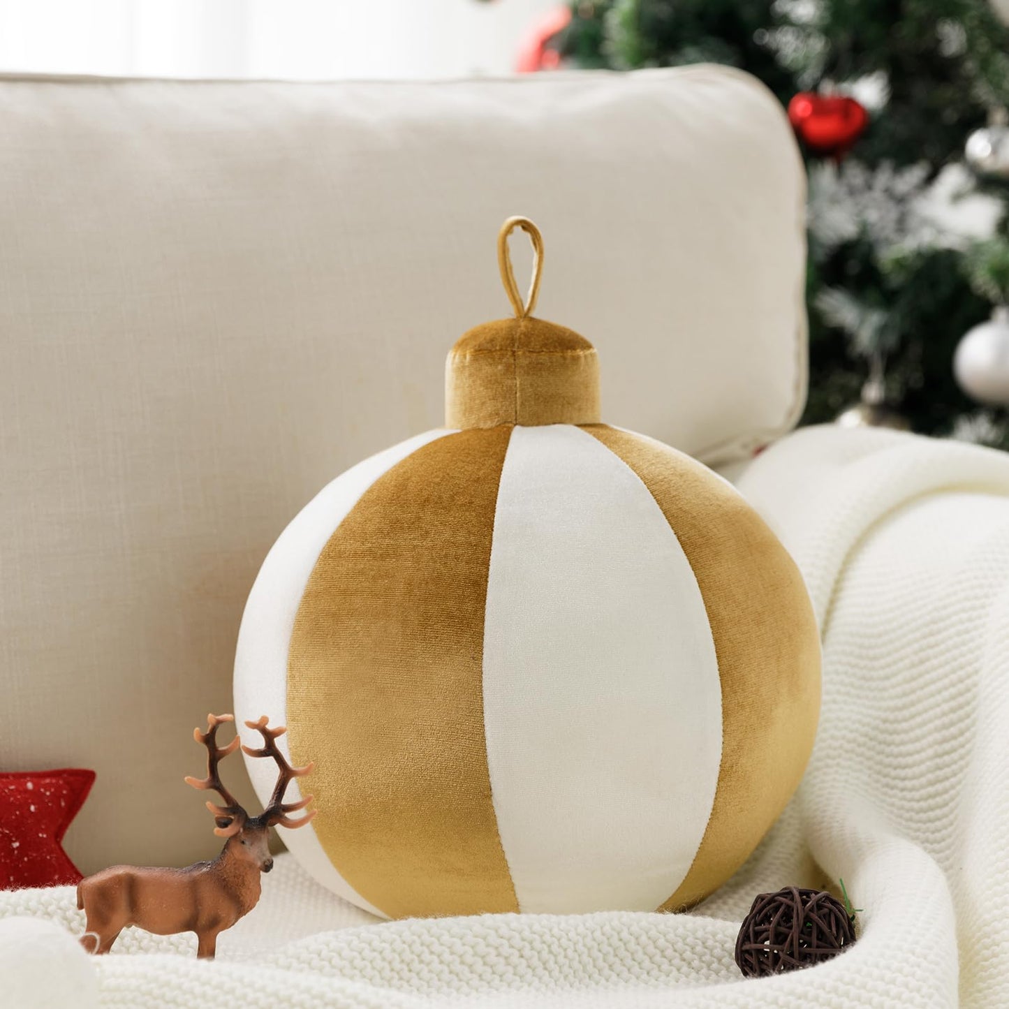 Ashler Merry Christmas Bell-Shaped Pillow, 11x11 Inch Velvet Hangable Decorative Holiday Pillow for Xmas Tree, Couch, Living Room, Bed, Yellow