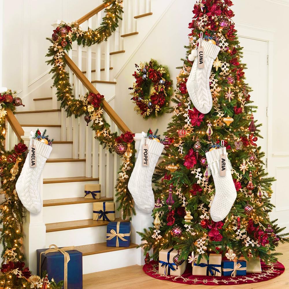 Teeanzo 4Pack 18 Inches Christmas Knitted Hanging Stockings,Xmas White Large Farmhouse Rustic Neutral Cable Knit Personal Stockings Decorations for Christmas Tree Fireplace Family Holiday Party Decor