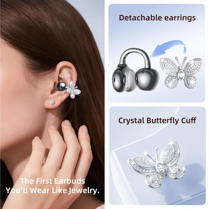 Kinglucky Jewelry-Inspired Clip-On Earbuds with Butterfly Earrings, Comfortable Fit & 50H Playtime Open Ear Bluetooth 5.4 Wireless Headphones for Women, Small Ears, Sports & Workouts (Black)