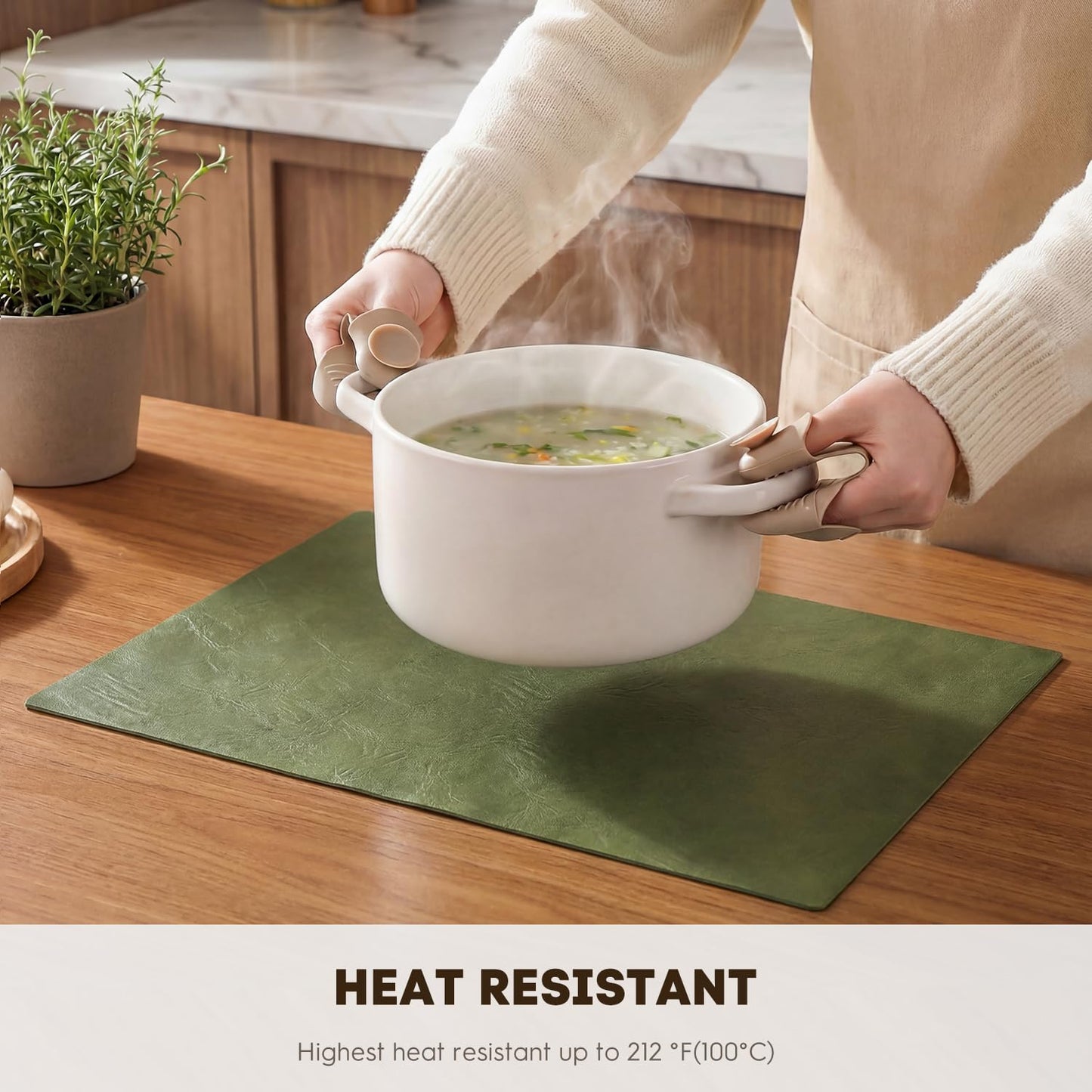 Artoid Mode Olive Green Faux Leather Placemats Set of 6, 12x18 Inch Waterproof Wipeable Heat Resistant Vinyl Place Mats, Reversible Table Mats for Kitchen Dining Decor