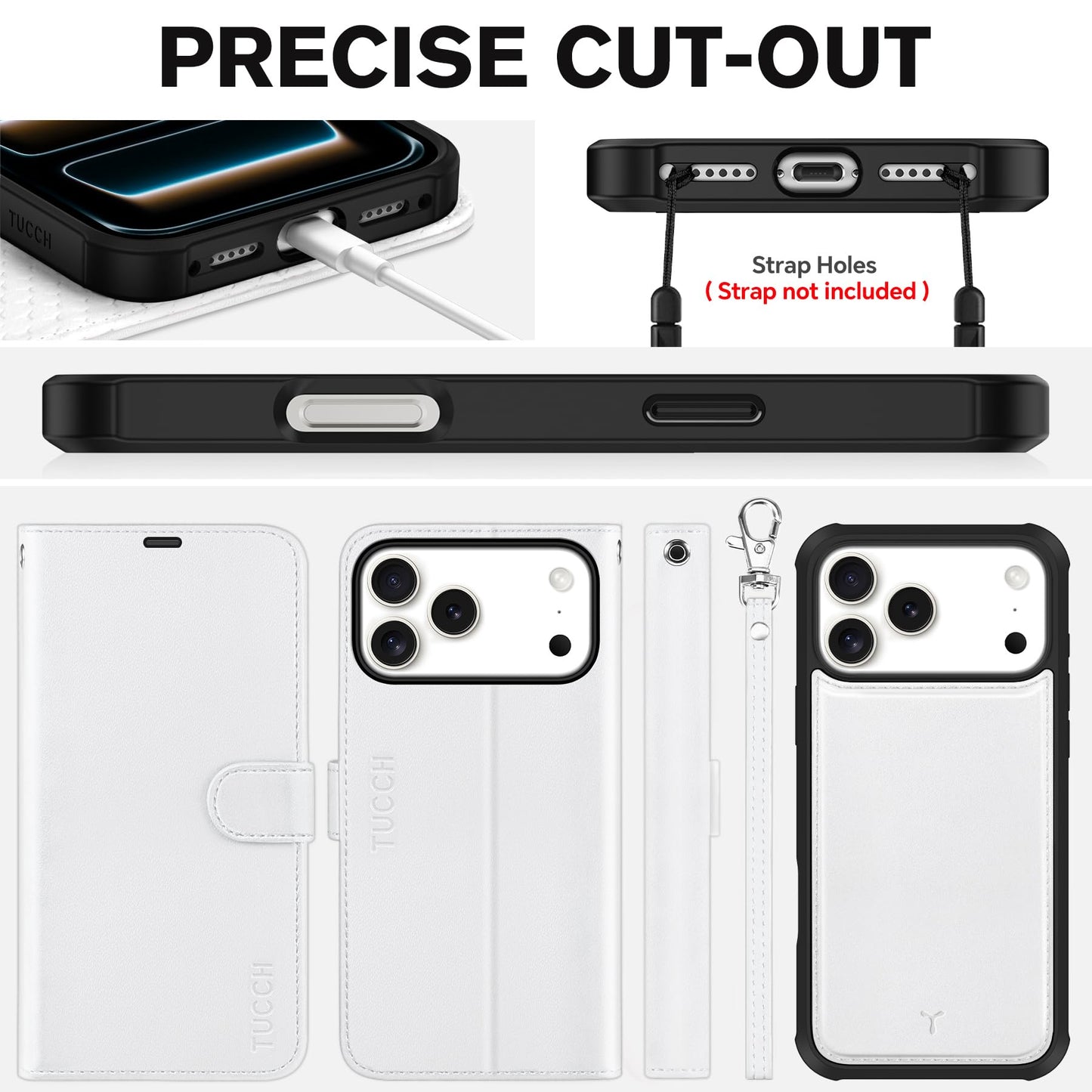 TUCCH 2-in-1 Detachable Wallet Case for iPhone 17 Pro Max (6.9") 2025, Wireless Charging | RFID Blocking 4 Card Holder | Wrist Strap | Kickstand | Magnetic | PU Leather | Protective Flip Cover | White