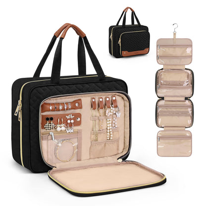 Wedama Toiletry Bag for Women, Hanging Travel Toiletry Bag with Jewelry Organizer Compartment Large Makeup Bag, PVC Waterproof Cosmetic Travel Bag for Travel Business Trips Camping Bathroom, Black