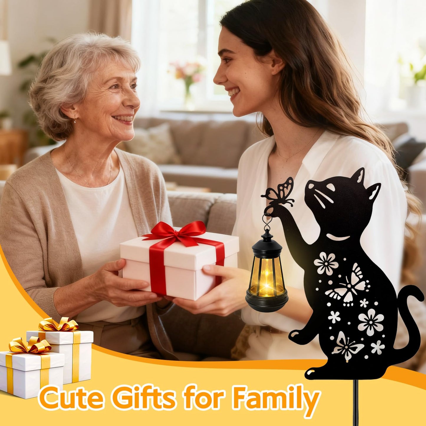 ANGMLN Cat Solar Lights Outdoor, Black Cat Hanging Lantern Waterproof, Cat Lover Gifts for Women Mom Birthday Mother's Day, Metal Garden Statue Yard Decor Patio Pathway Backyard Lawn Ornaments