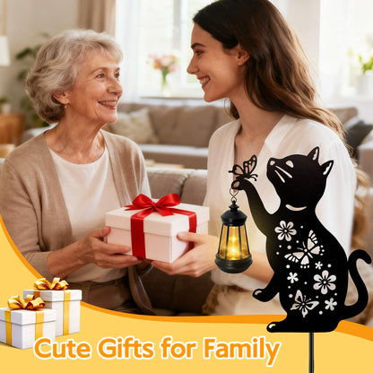 ANGMLN Cat Solar Lights Outdoor, Black Cat Hanging Lantern Waterproof, Cat Lover Gifts for Women Mom Birthday Mother's Day, Metal Garden Statue Yard Decor Patio Pathway Backyard Lawn Ornaments
