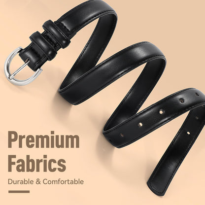 SANSTHS Women Leather Belt for Jeans Pants Fashion Ladies Skinny Belt for Dresses Thin Belt with Single Prong Buckle,Black,L