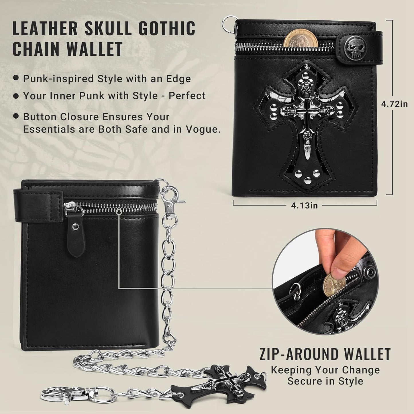 ZEKEE Cross Chain Wallet Leather - Jesus Gifts - Punk Skull Gothic Bifold Halloween Goth Accessories | Unisex, Black