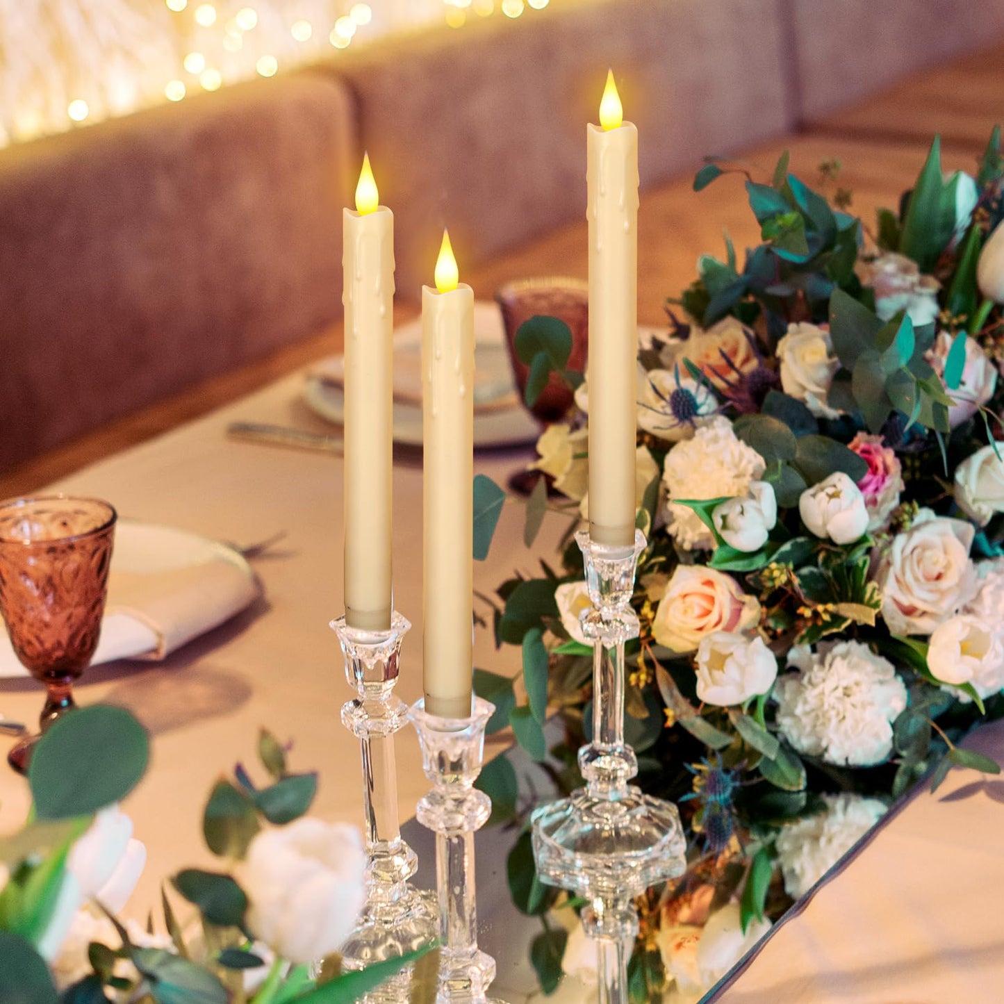 Baquler 24 Pcs 8.8 Inch Ivory Flameless Taper Candles LED Candle Sticks Battery Operated Flickering LED Candlestick Window Plastic Candle for Wedding Halloween Christmas Decor(No Battery)