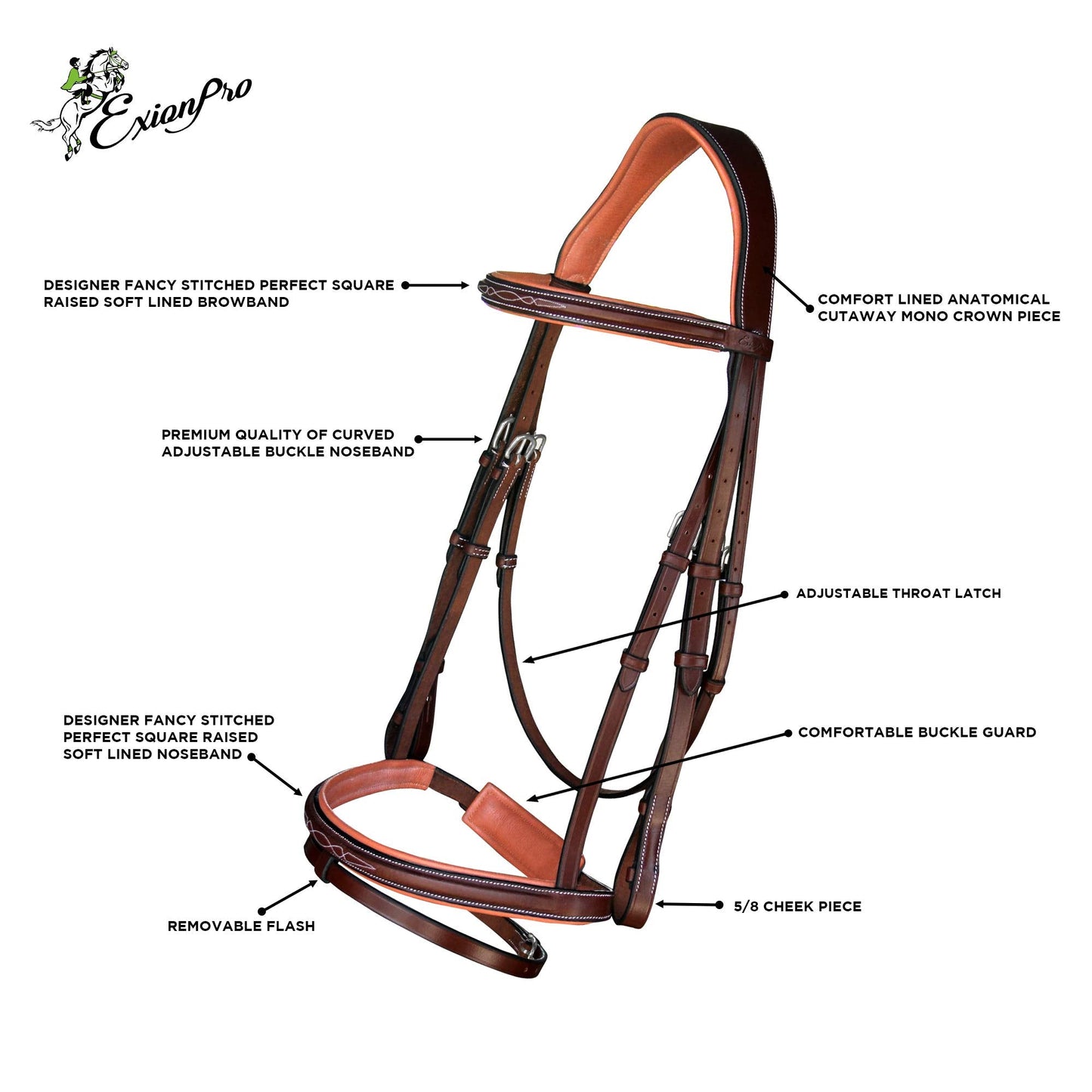 Exion Horse Snaffle Jumping Bridle | Anatomic Soft Lined Crownpiece Designer Stitched Browband & Flash Noseband Horse Bridle with Grippy Rubber Reins | English Bridle for Horses