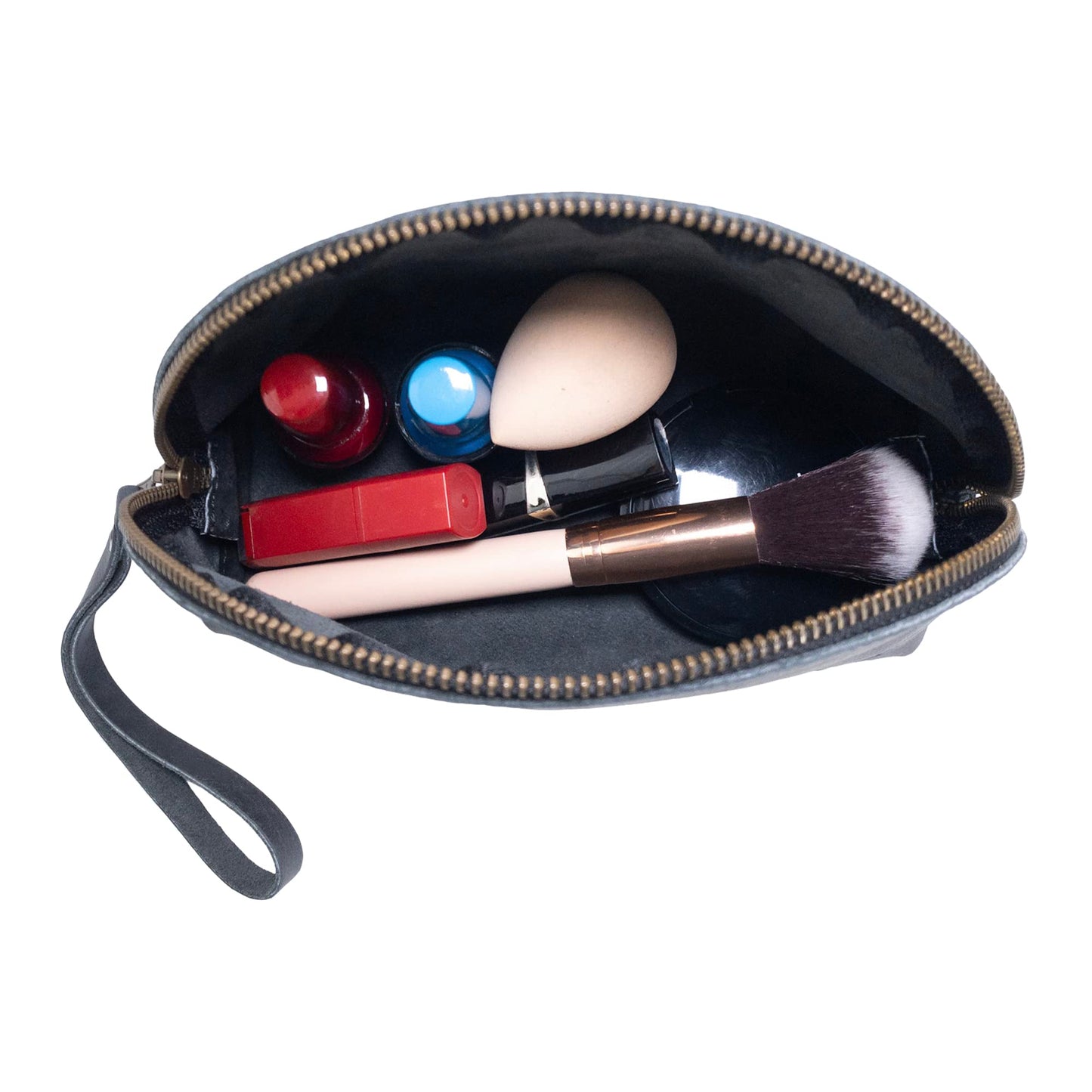 Hide & Drink, Cosmetic Travel Organizer with Hand Strap for Women, Makeup Bag, Classic Handbag, Full Grain Leather, Handmade, Charcoal Black