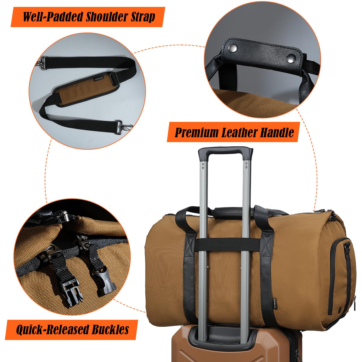 WELKINLAND 2-Suit Garment Duffle Bags for Travel Men, 60L-Large Carry on Garment Duffel Bag, Convertible Garment Duffel Bag w/Shoe Compartment, Foldable Garment Bags for Hanging Clothes Travel