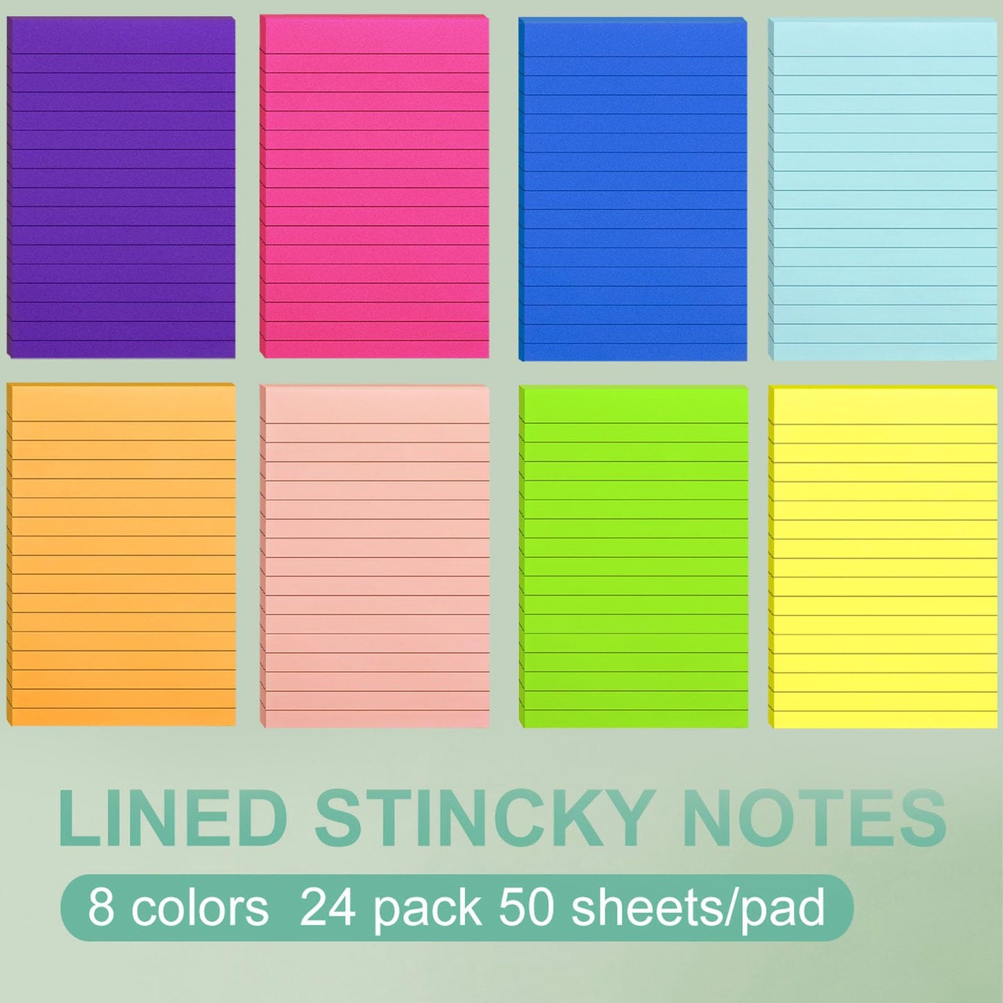 24 Pack Lined Sticky Notes 4X6 in Self Sticky Note Pads Colorful Post Stickies for Office, Home, School, Meeting, 50 Sheets/pad, (Bright Color)