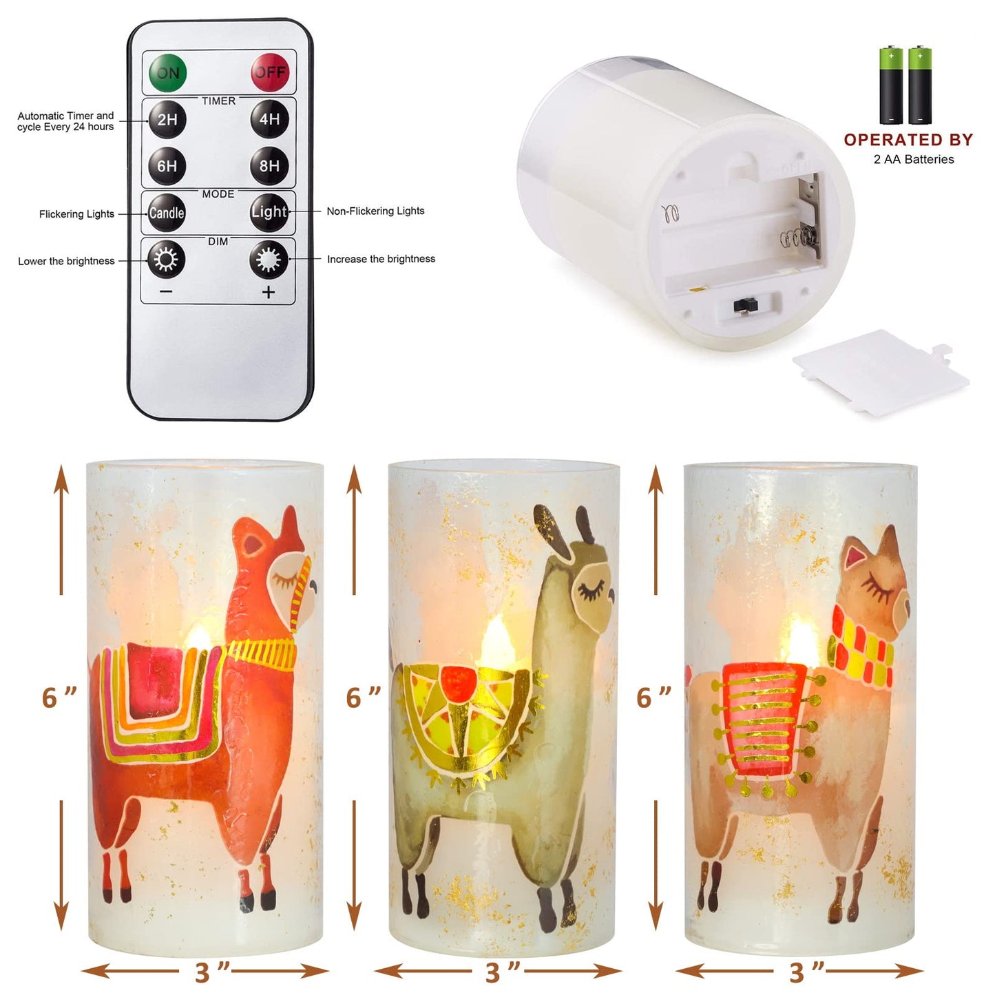 FLAVCHARM Set of 3 Glass Flameless Candles Alpaca Llama Decor Battery Operated Flickering Pillar LED Candle for Home Decor Party Festival Christmas Indoor Decorations