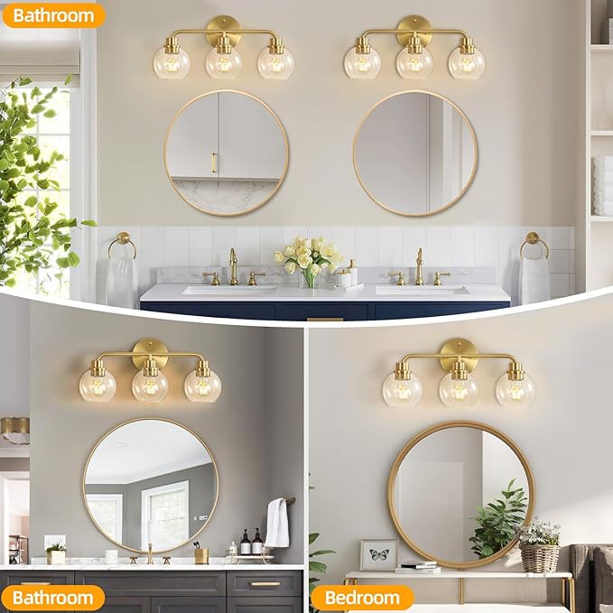 Bathroom Light Fixtures Gold Vanity Light 3 Light Wall Sconces Lighting Brushed Brass Lights with Clear Globe Glass Shades Bath Wall Lamp for Mirror Kitchen Living Room Bedroom Hallway