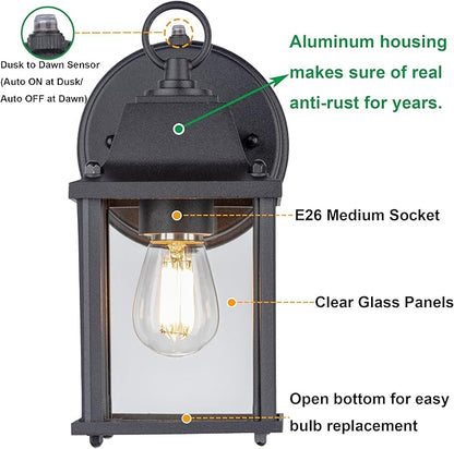 LIT-PaTH Dusk to Dawn Outdoor Wall Lantern, Wall Sconce Waterproof Porch Lighting Fixture, E26 Base, Aluminum Housing with Glass Shade, 1-Pack, Black