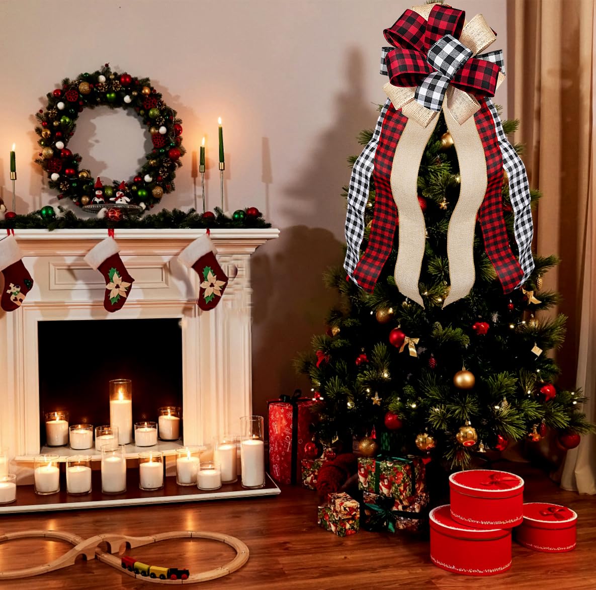 Fvviia Christmas Tree Topper Large Buffalo Plaid Burlap Red and Black Gift Bow for Xmas Tree Handmade Holiday Party Decorations-13 x 29 Inch