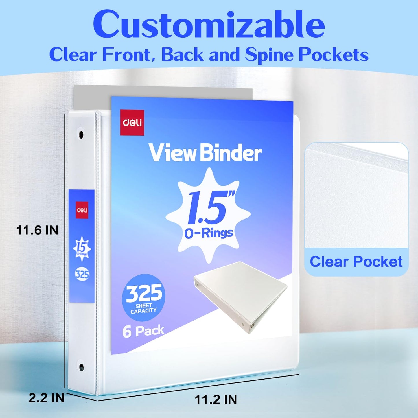 Deli 1.5-inch 3 Ring Binder with 2 Interior Pockets, 325 Sheets Capacity, 1.5 inch Binders fits 11" x 8.5" US Letter Size, White, 6 Pack