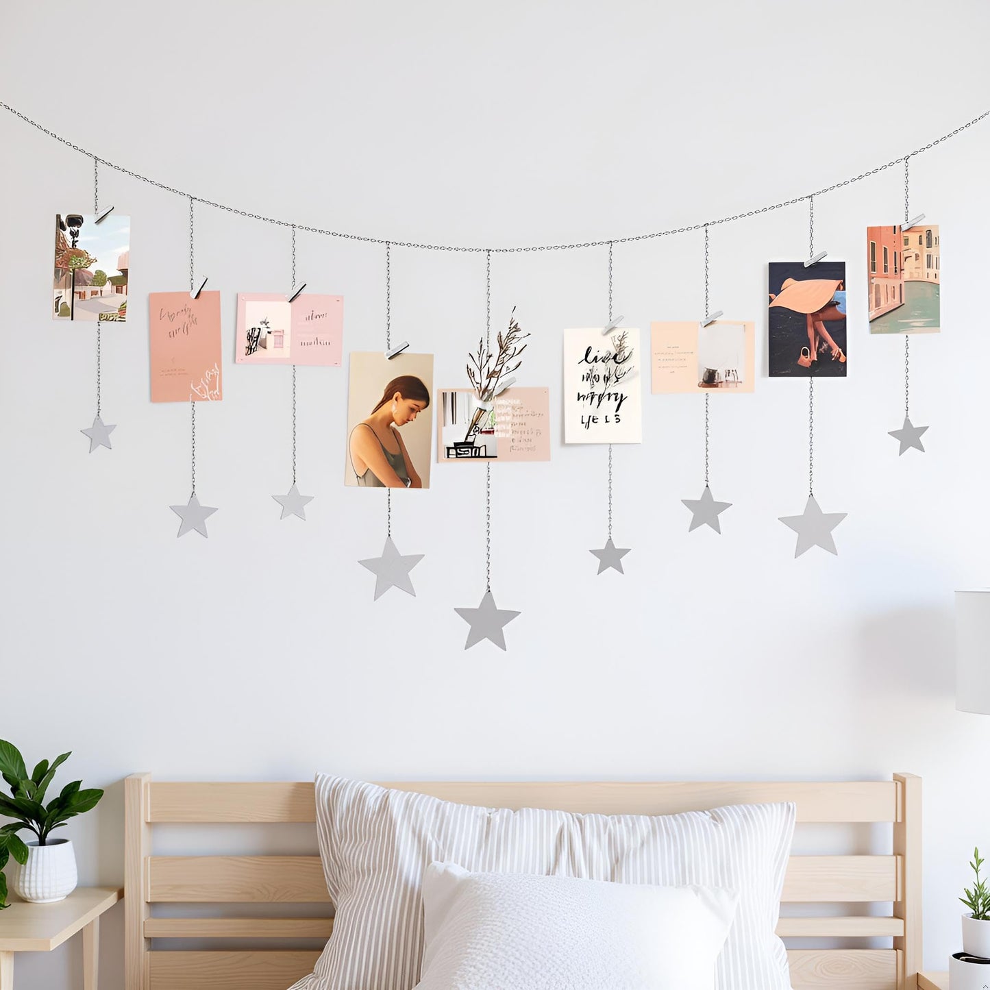 Mkono Hanging Photo Display Boho Decor Wooden Stars Garland with Metal Chains, Pictures Cards Holder with 25 Wood Clips, Wall Art for Christmas Living Room Bedroom Dorm Decor, Teen Girls Gift, Silver