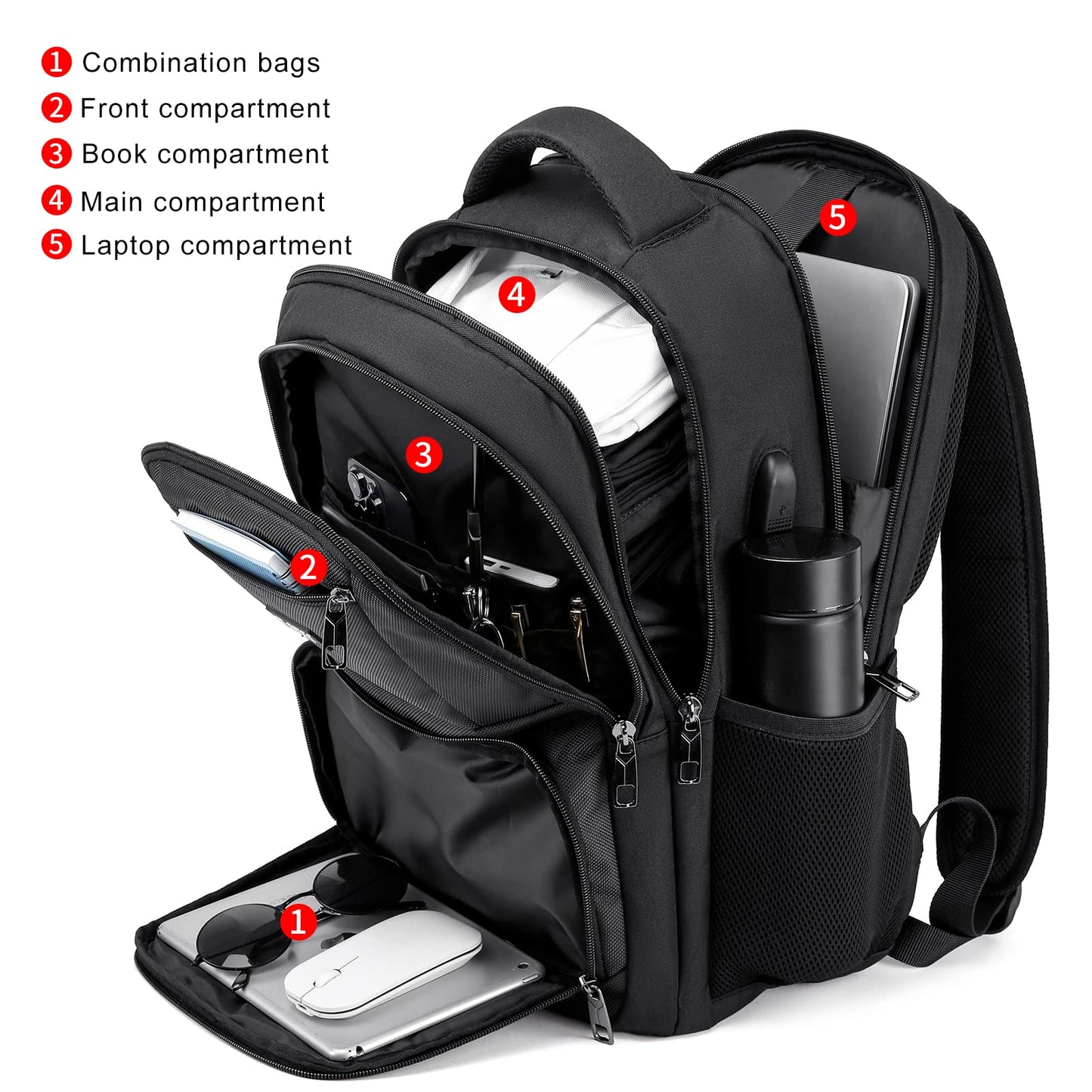 RJEU School Backpack for Teen Boys & College Students - 17.3 Inch Laptop Backpack with USB Charging Port, Anti-Theft Water Resistant Large Bookbag for Men, Travel & Work, Black