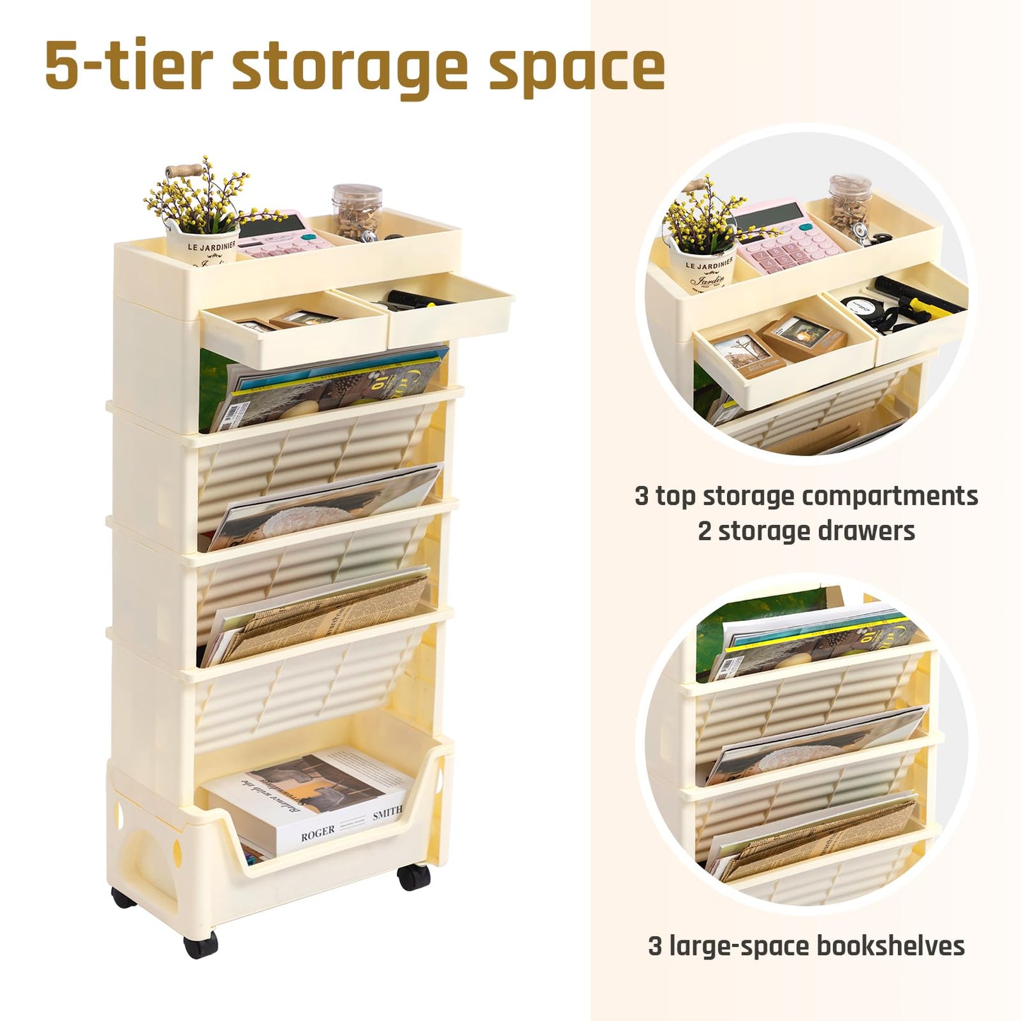 AGTEK 5 Tier Rolling Utility Cart, Book Cart with Wheels, Office Book Carts with Divided Top Shelf for Organizing Books and Supplies in Home, Office, Classroom, Beige