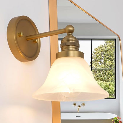 Gold Wall Sconces, Vintage Bathroom Vanity Lights with Frosted Milk Glass Brass Sconces Wall Lighting Indoor Wall Lamps for Living Room Bedroom Kitchen Sink Hallway Stairway E26