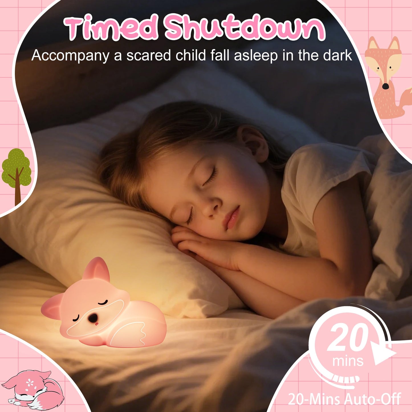 Okayera Fox Lamp for Girls, Pink Silicone Squishy Fox Shaped, 20 Mins Auto-Off Rechargeable Dimmable Night Light, Fox Gifts for Nursery Baby Girl Women, Christmas White Elephant Gifts Idea