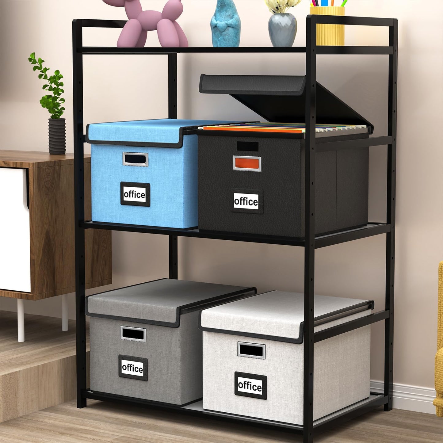 Huolewa File Organizer Box with Lid, Collapsible Faux Leather Hanging File Folder Box Organizer with Plastic Slides, Decorative Home/Office Filing System Boxes for File and Folders Storage