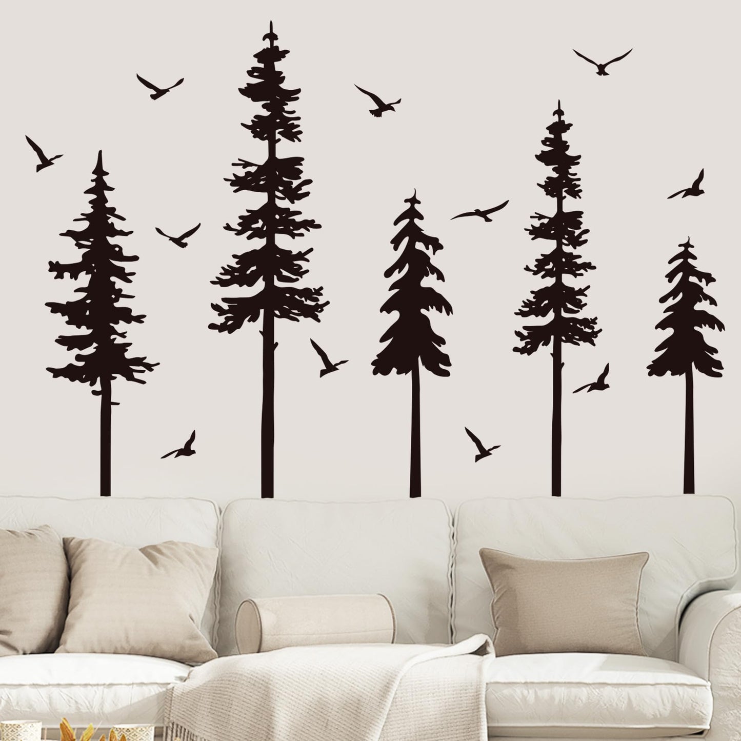 Large Pine Trees Wall Decals Black Forest Wall Stickers Christmas Decoration Wallpaper Woodland Animal Birds Mural Decals Peel and Stick Vinyl Wall Art Stickers for Bedroom