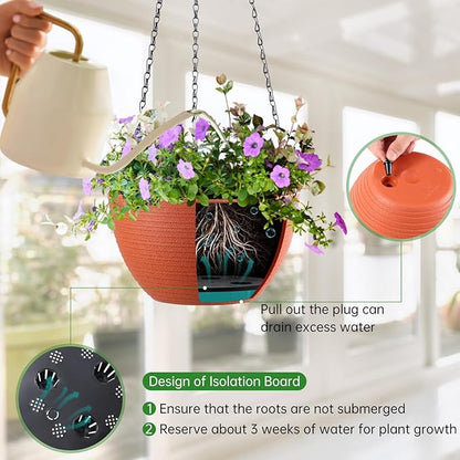 Set of 2 8 Inch Self Watering Hanging Planters for Indoor Outdoor Plants, Light Textured Hanging Baskets Flower Pots with Drainage Hole & Plug and 20" Chain Hanger