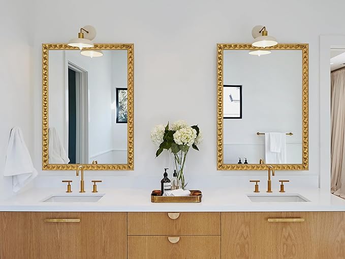 Gold Decorative Mirror for Living Room, 39'' X 27'' Rectangular Wall Mirror with Wavy Wood Frame, Unique Gold Wood Mirror for Bathroom, Dining Room, Entryway, Hallway