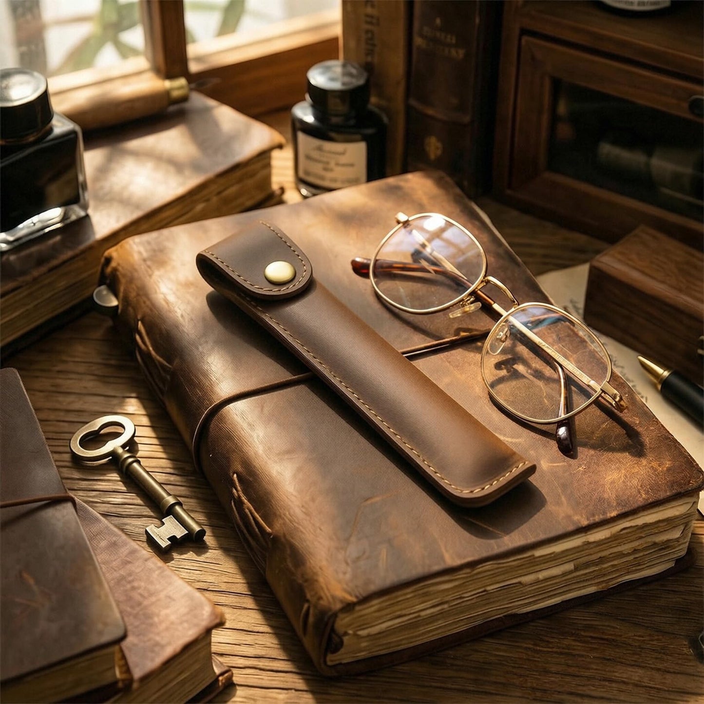 Yeedonzo Handmade Genuine Leather Pen Case Holder, Brown Single Fountain Pen Holder, Vintage Pen Case for Pens, Pencils & Ballpoints