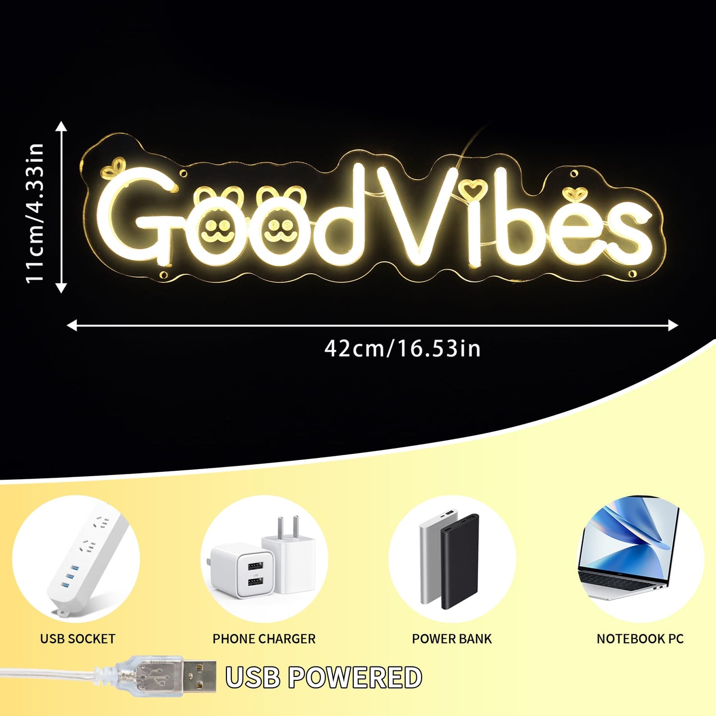 Enuoli Good Vibes Neon Sign for Wall Decor, Cute Cartoon Good Vibes Neon Lights Sign for Wall Decor, USB Operated LED Sign for Bedroom, Party, Bar, Salon - Best Gifts for Birthday, Christmas(Warm White)