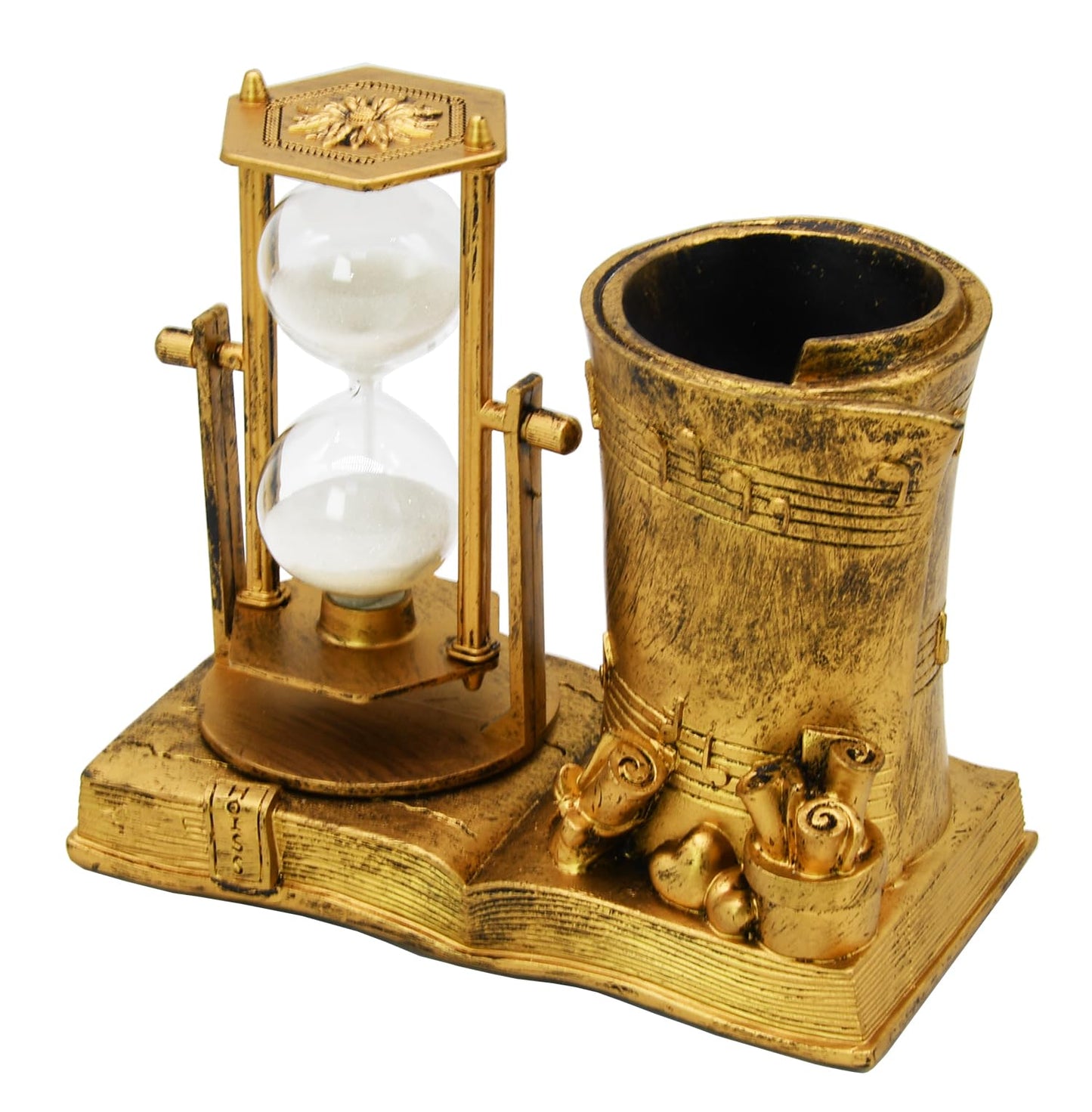 Music-Themed Pencil Holder with Hourglass, Resin Desktop Organizer for Office & Study, Pen Holder with Sand Timer, Classic Addition Scissors Storage, Artistic Accessory Gift