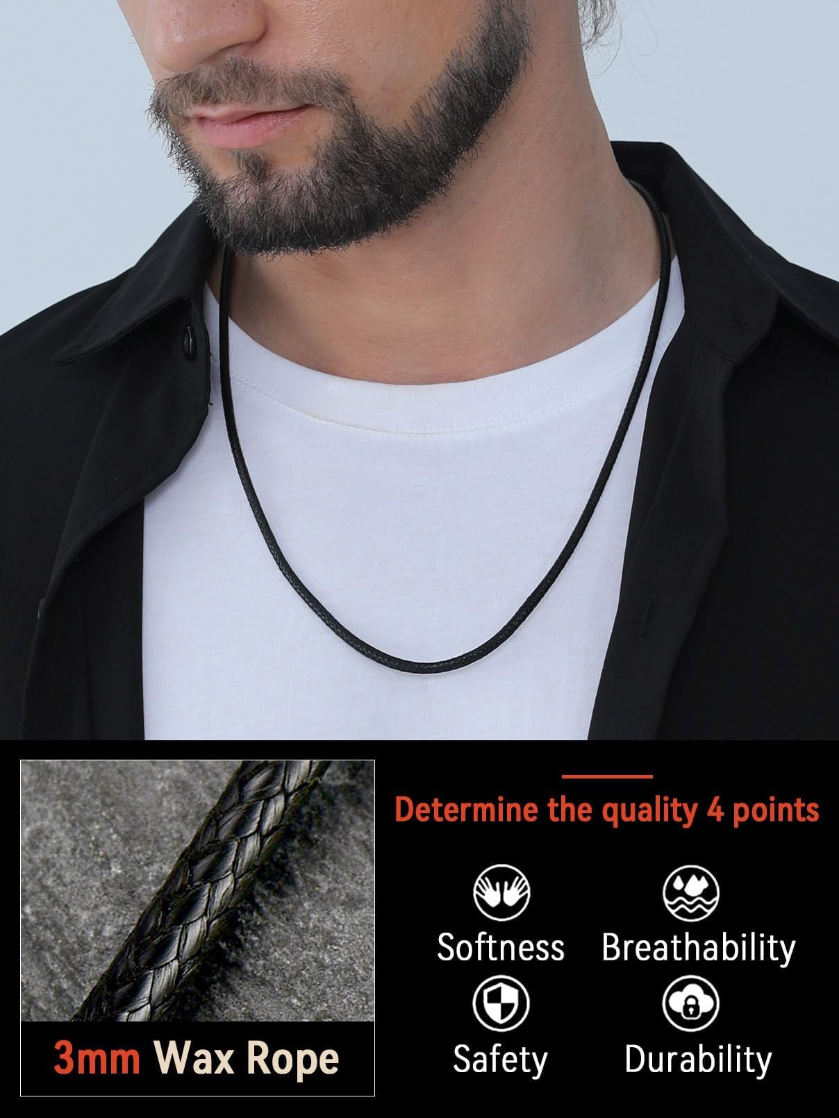 FaithHeart Genuine Leather Necklace Cord for Men Unique Solid String Wax Rope Neck Chains for Dad 16-30inch Black Chains