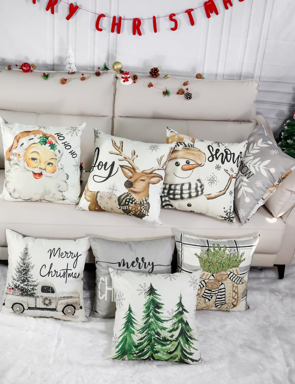 multiwins Christmas Decorations Set of 4 Double-Sided Print Christmas Pillow Covers 20" x 20", with 8 Cute Patterns, Throw Pillow Covers Perfect for Home Christmas Decor