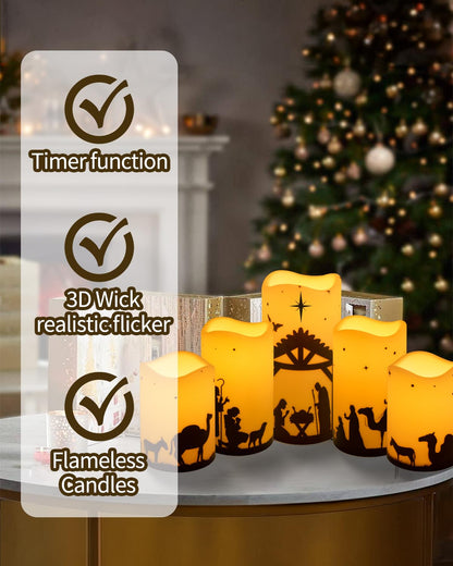 Glflickerow Christmas Nativity Scene Decorations Candle LED Flameless Candles with Timer for Xmas Holiday Home Decor Supplies Set of 5 (Beige)