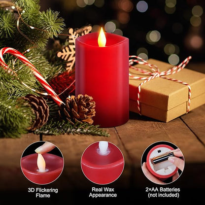 1PCS, 3 x 5 inches Flameless Candle with Remote Control, 3D Flickering Wick, Real Wax Pillar LED Candles, Battery Candles,with Timer,for Holiday Home Decor, Red