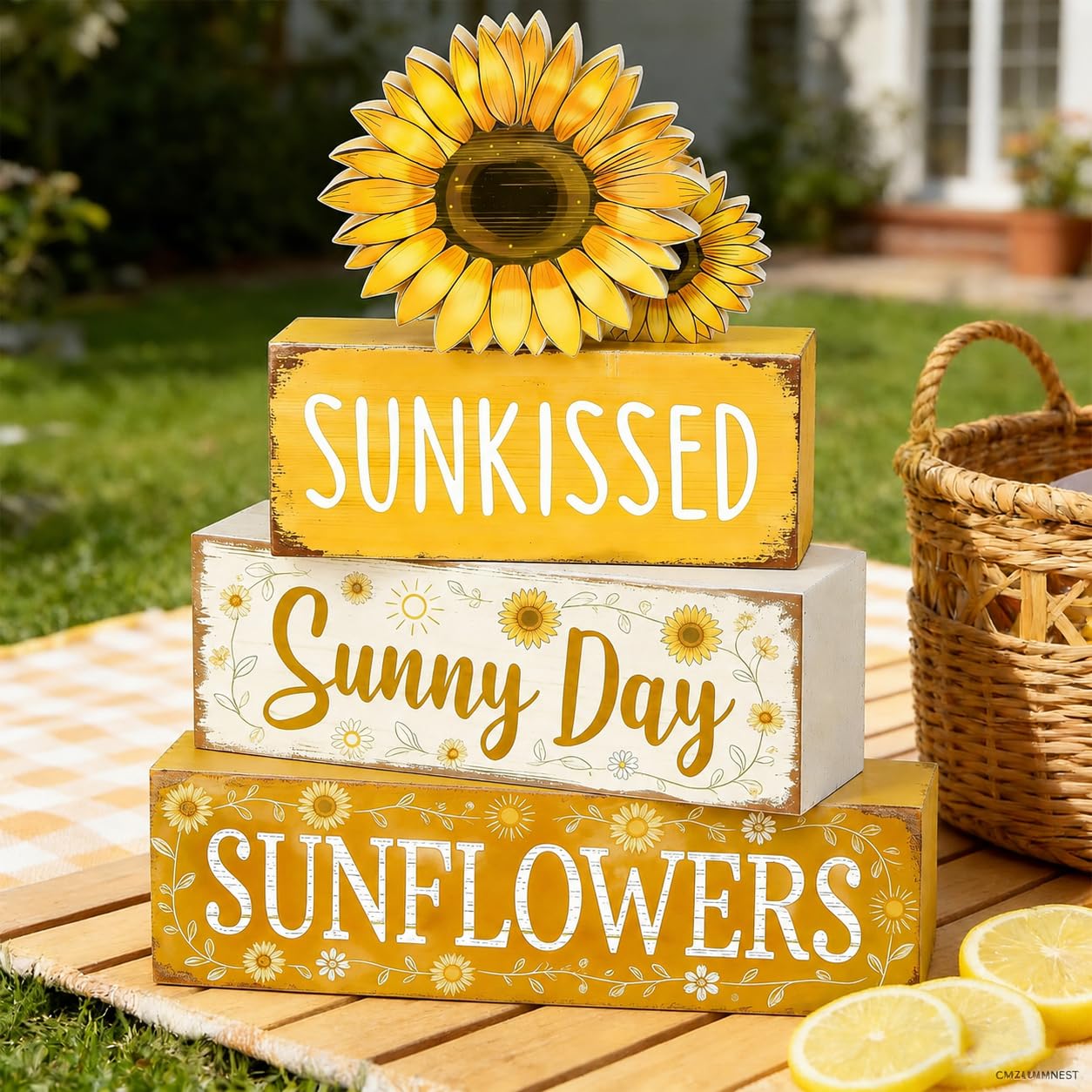4 Pcs Sunflower Decor, Summer Rustic Farmhouse Tiered Tray Signs, Yellow Wooden Block Decorations with Sunkissed Sunny Day for Home Kitchen Office Coffee Bar Fireplace Mantel Floating Shelf