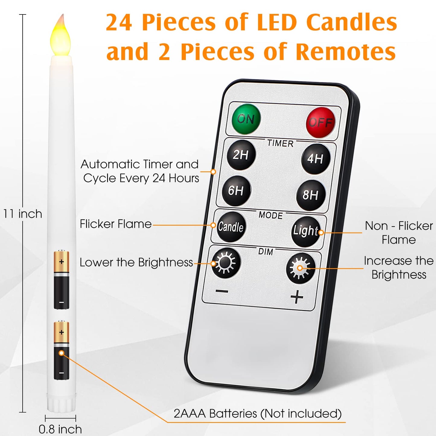 Tuanse 24 Pack Flameless Taper Candles with Remote & Timer, 11" Flickering 3D LED Battery Operated Window Candlesticks, Dimmable for Wedding Table Centerpieces Home Valentine’s Decor(White)