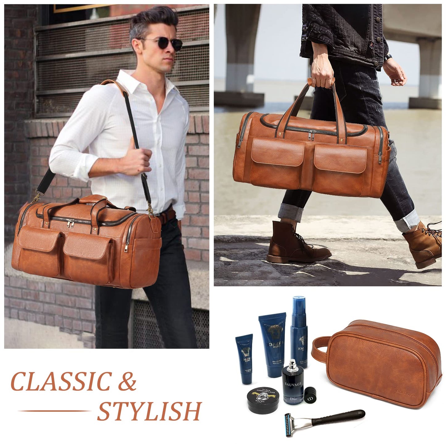 Travel Duffel Bag for Men, Large PU Leather Carry on Duffle Bag for Traveling, Waterproof Overnight Weekender Gym Bags with Shoe Compartment - Perfect for Daily Use/Birthday Gift