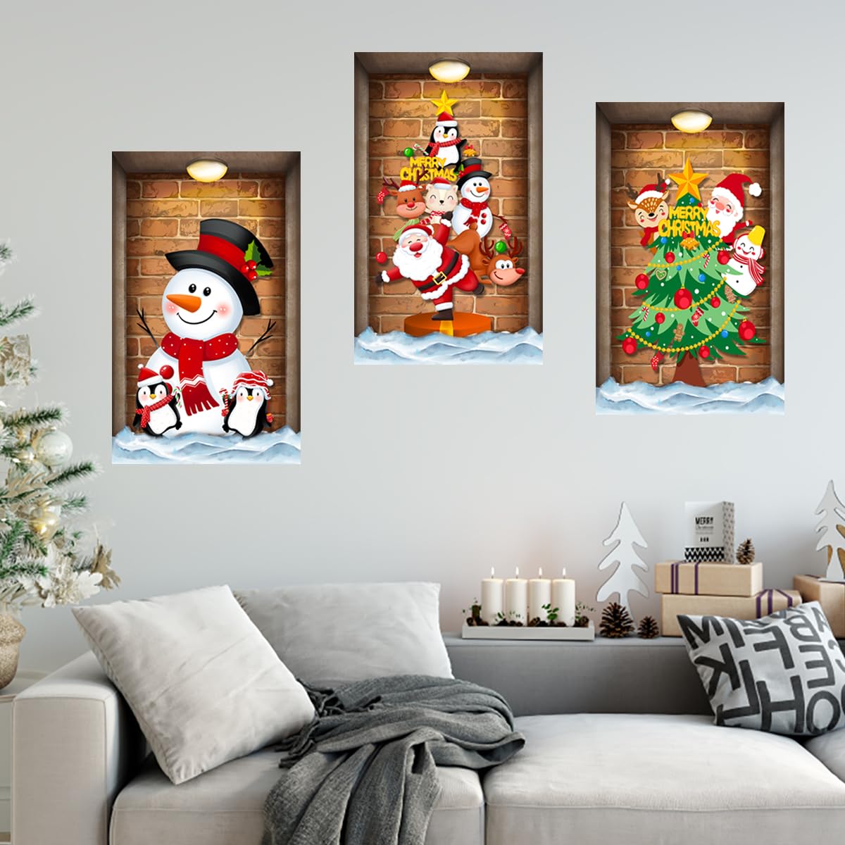 3 Pcs Christmas Wall Decals Christmas Tree Snowman Santa Claus Faux Closet Wall Stickers 3D Realistic Wall Art Mural for Xmas Holiday Festival Party Supplie