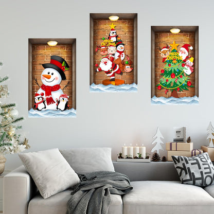 3 Pcs Christmas Wall Decals Christmas Tree Snowman Santa Claus Faux Closet Wall Stickers 3D Realistic Wall Art Mural for Xmas Holiday Festival Party Supplie